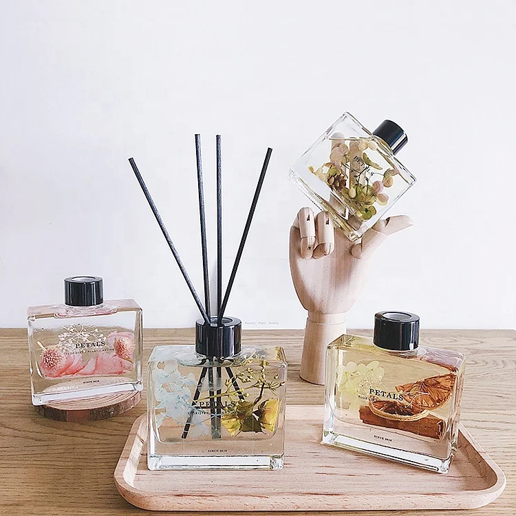 120ml transparent square home room glass aroma diffuser bottle essential oil reed diffuser bottle with Volatile stick