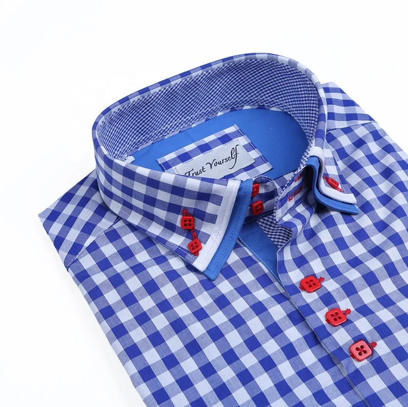 2020 China factory Italian style double collar cotton check men long sleeve shirt