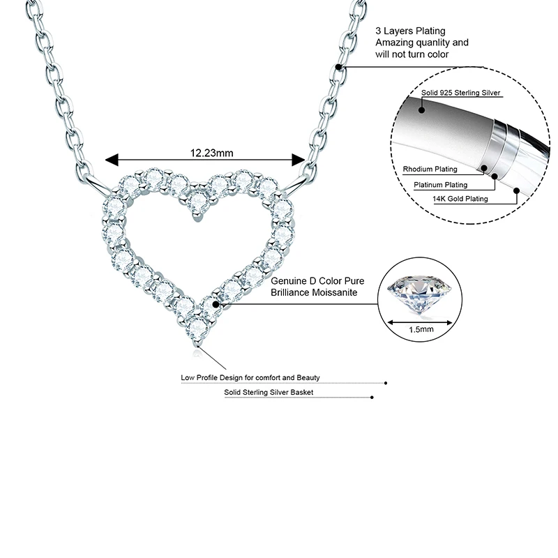 925 Sterling Silver Woman Necklace Round Cut 1.5mm Cluster-Set Choker Real Moissanite Heart Pendants Necklace