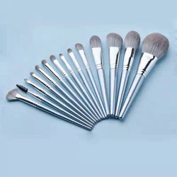 HXT-053 14pcs premium fluffy vegan hair silver makeup brushes set private label professional