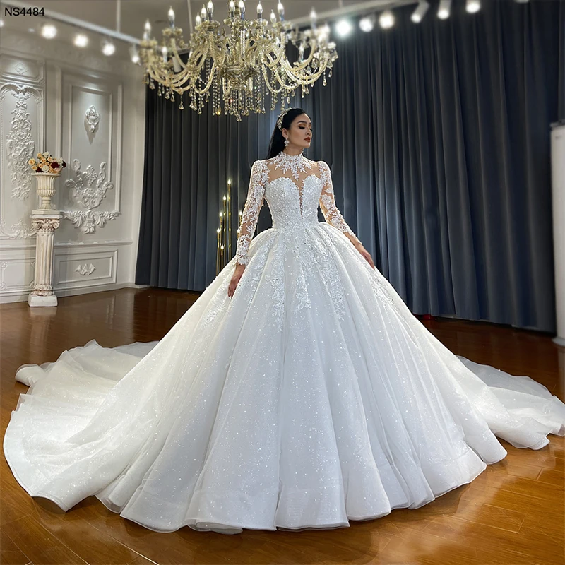 Jancember NS4484 Illusion Beautiful Luxury Ball Gown High Neck Bridal Wedding Dresses