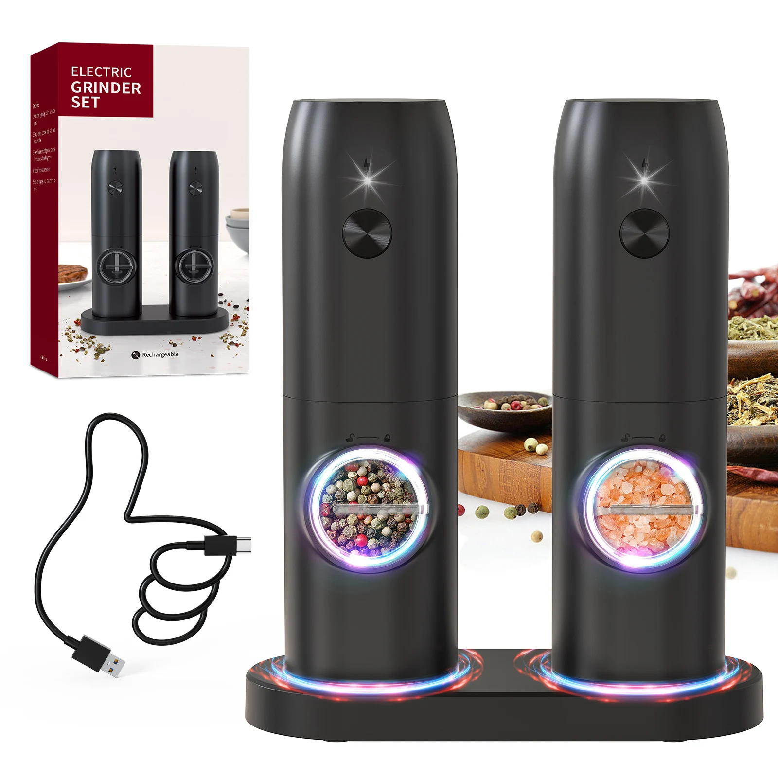Unit-Charging Rechargeable Salt Grinder Electric Pepper Grinder Adjustable Stainless Steel Salt And Pepper Mill