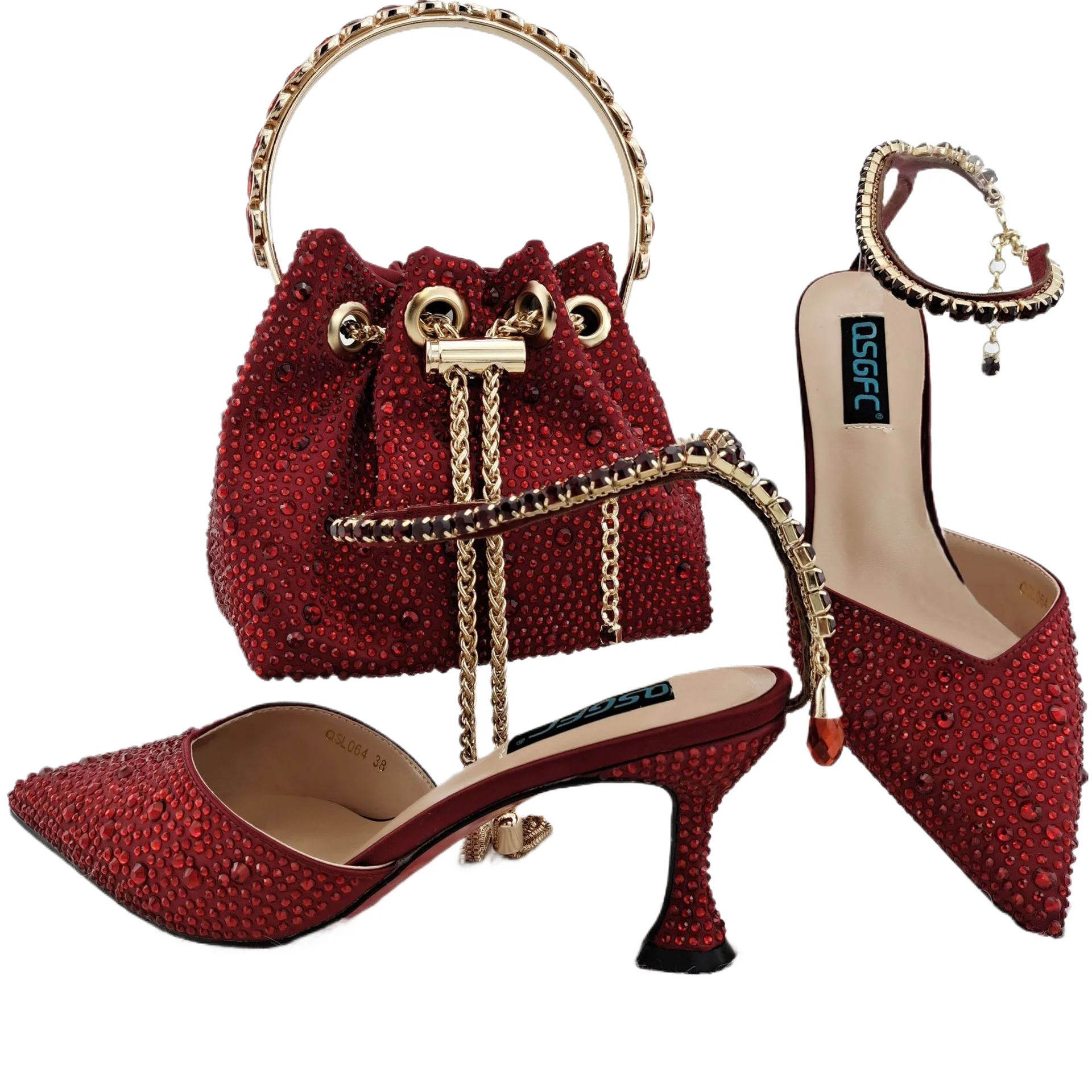 Burgundy pointy clasp rhineau wine glass and high heels with a small flash hand bag shoe set