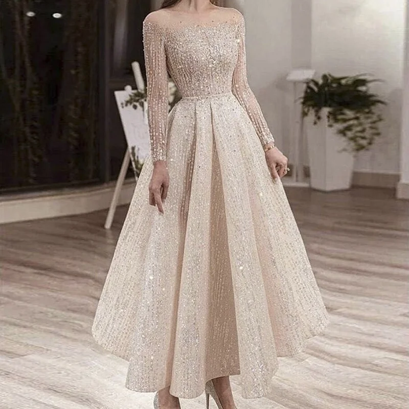 Jancember LSCZ135 Elegant 2023 O-neck Sequin Sashes  Pleat Evening Dress Long Sleeves