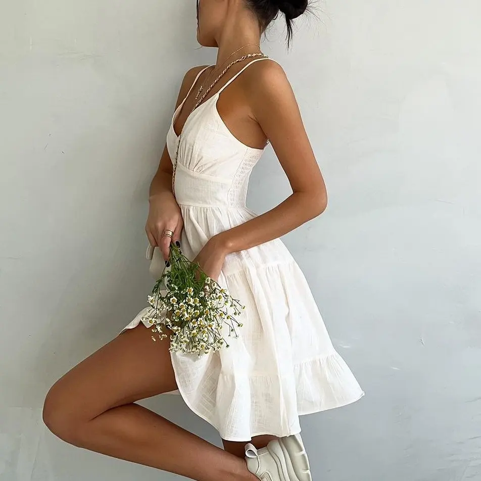 Enyami Holiday Summer Elegant Romantic Style Resort Cotton Linen Sleeveless Casual A-line Mini Cami Dress Women