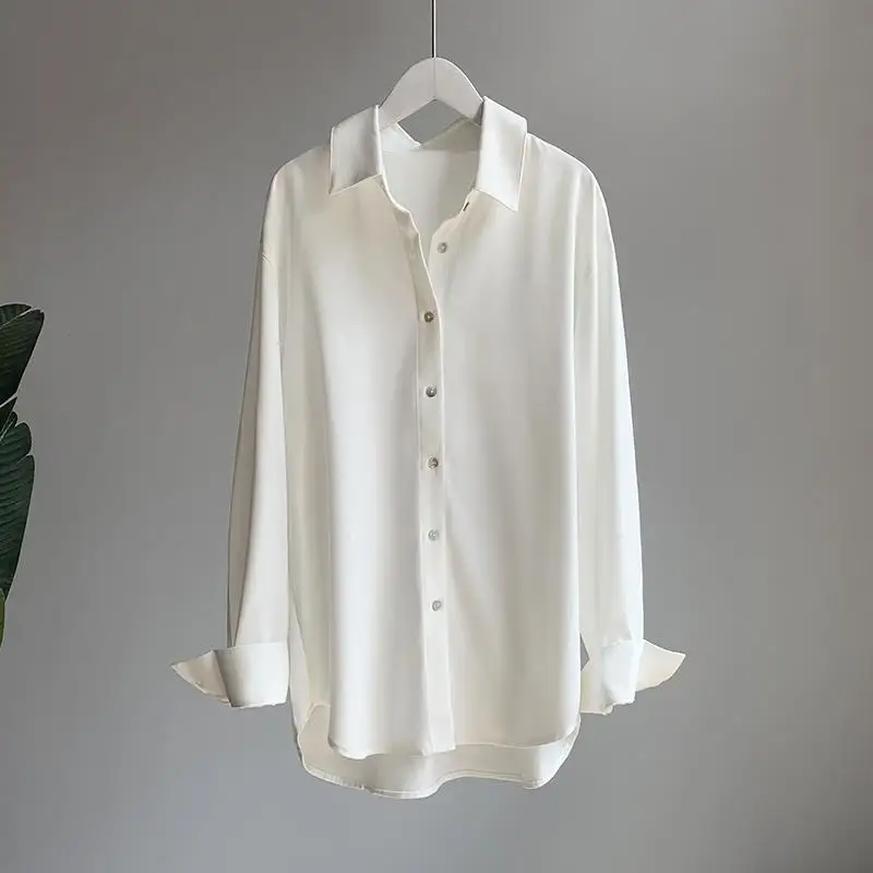 S-3XL Satin pendent shirt female spring and autumn temperament loose retro Hong Kong fashion 2023 new long-sleeved blouse