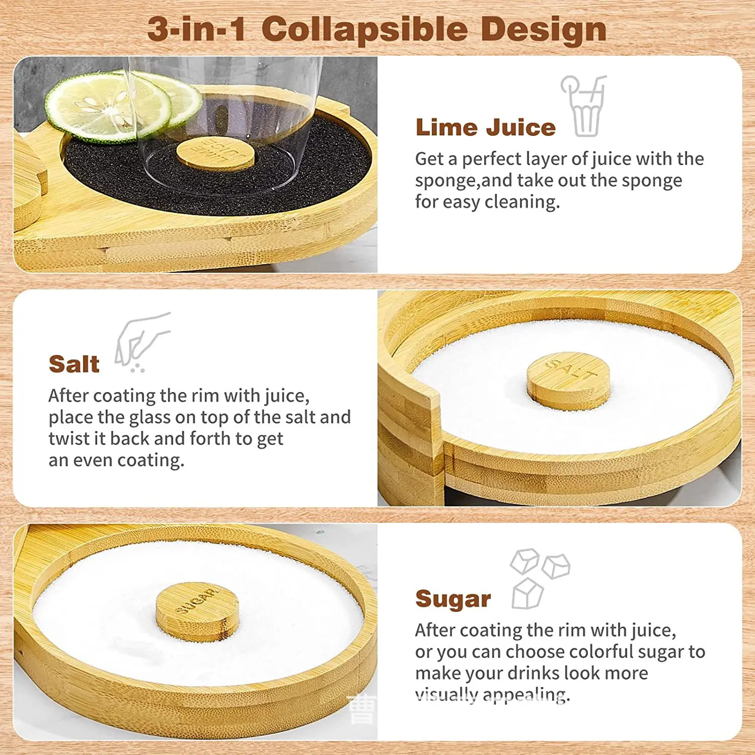 3-Tier Bamboo Margarita Glass Rimmer Disposable Juice Cocktail Seasoning Box for Home Bar Salt Sugar Container Bartender Tool