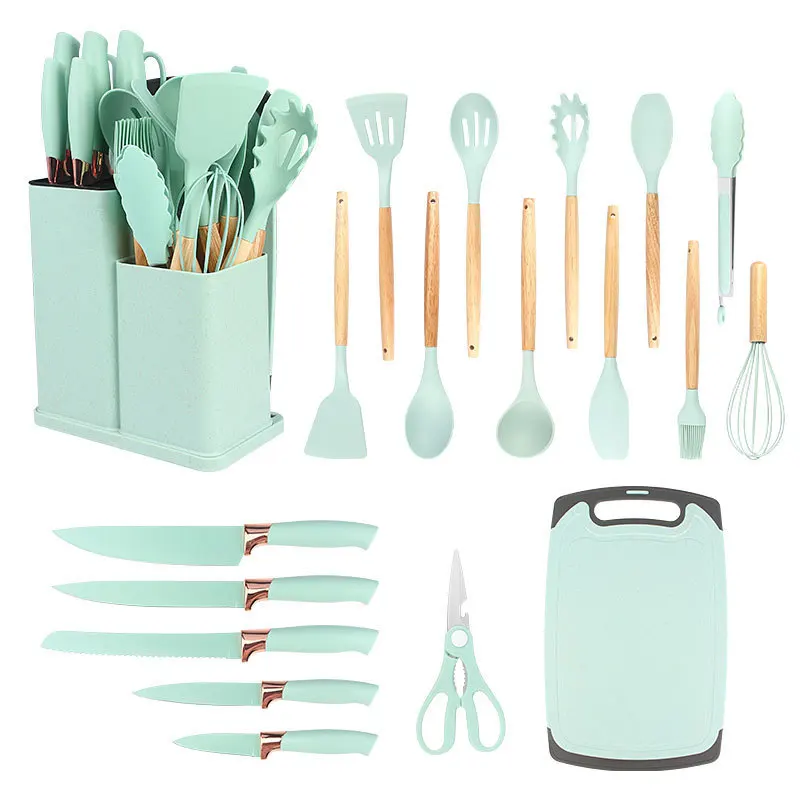 Hot Sale 19-Piece Silicone Kitchenware Set Includes Knife Set and Chopping Board Holder for Cooking Tool Sets