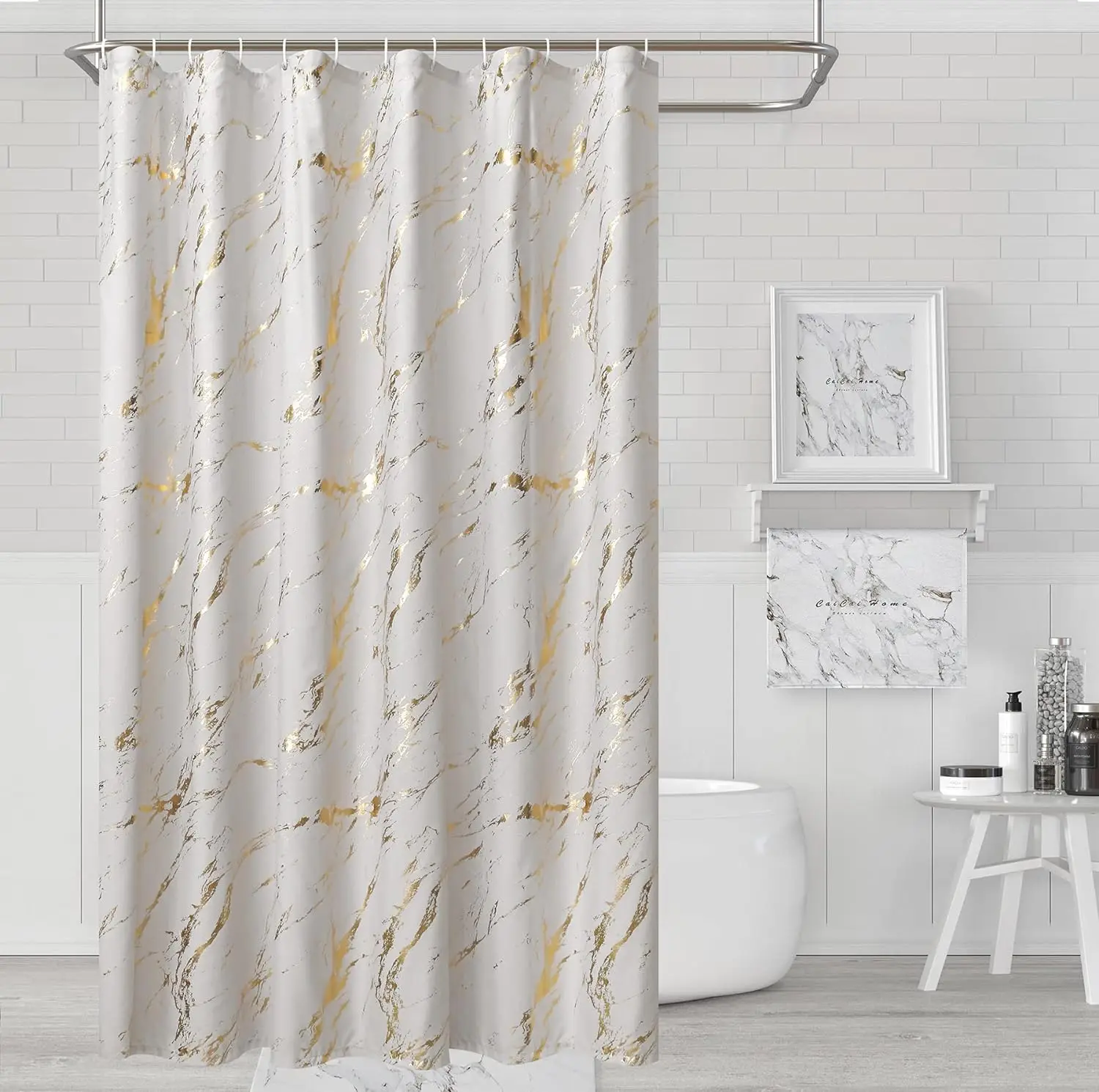 CF HPS16 Gold Foil Print shower curtain waterproof wholesale custom printed bathroom shower set curtain rugs and bathroom set