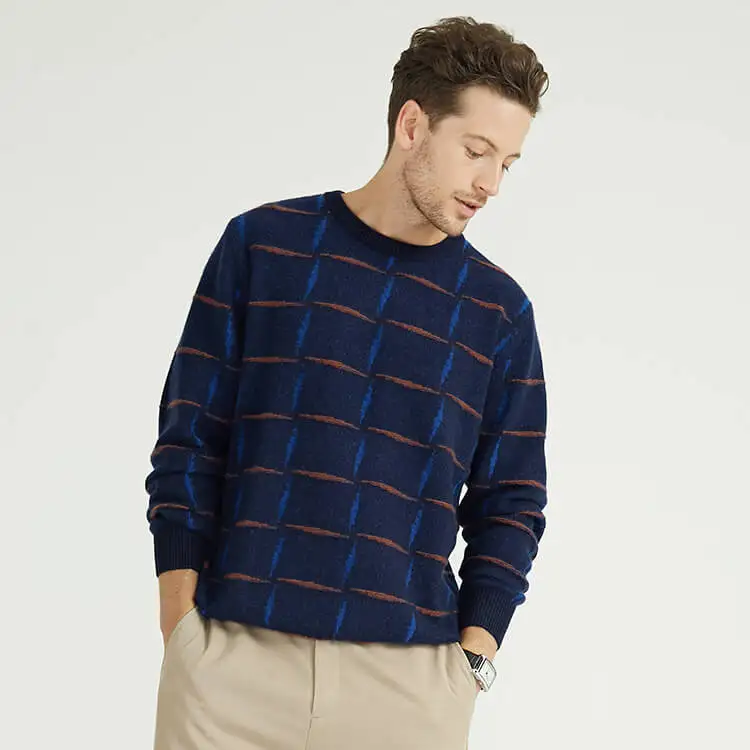 Mens Intarsia 100% Recycled Cashmere Knit Sweater Winter Crew Neck Pullover Jumpers For Men China Knitwear Manufacturer