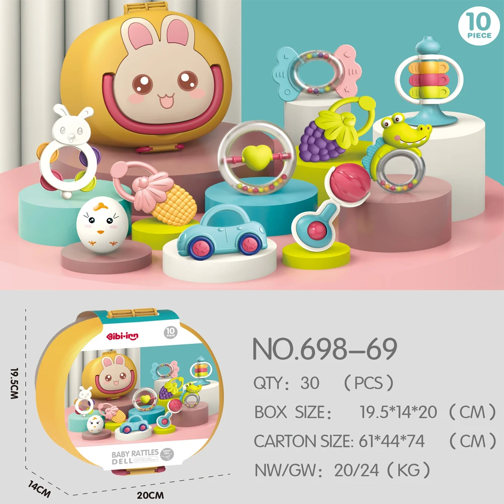 10pcs Food Grade Baby Toy Set Soft Baby Teethers Handbell Baby Rattles Washable Chewable Sensory Activity Toy