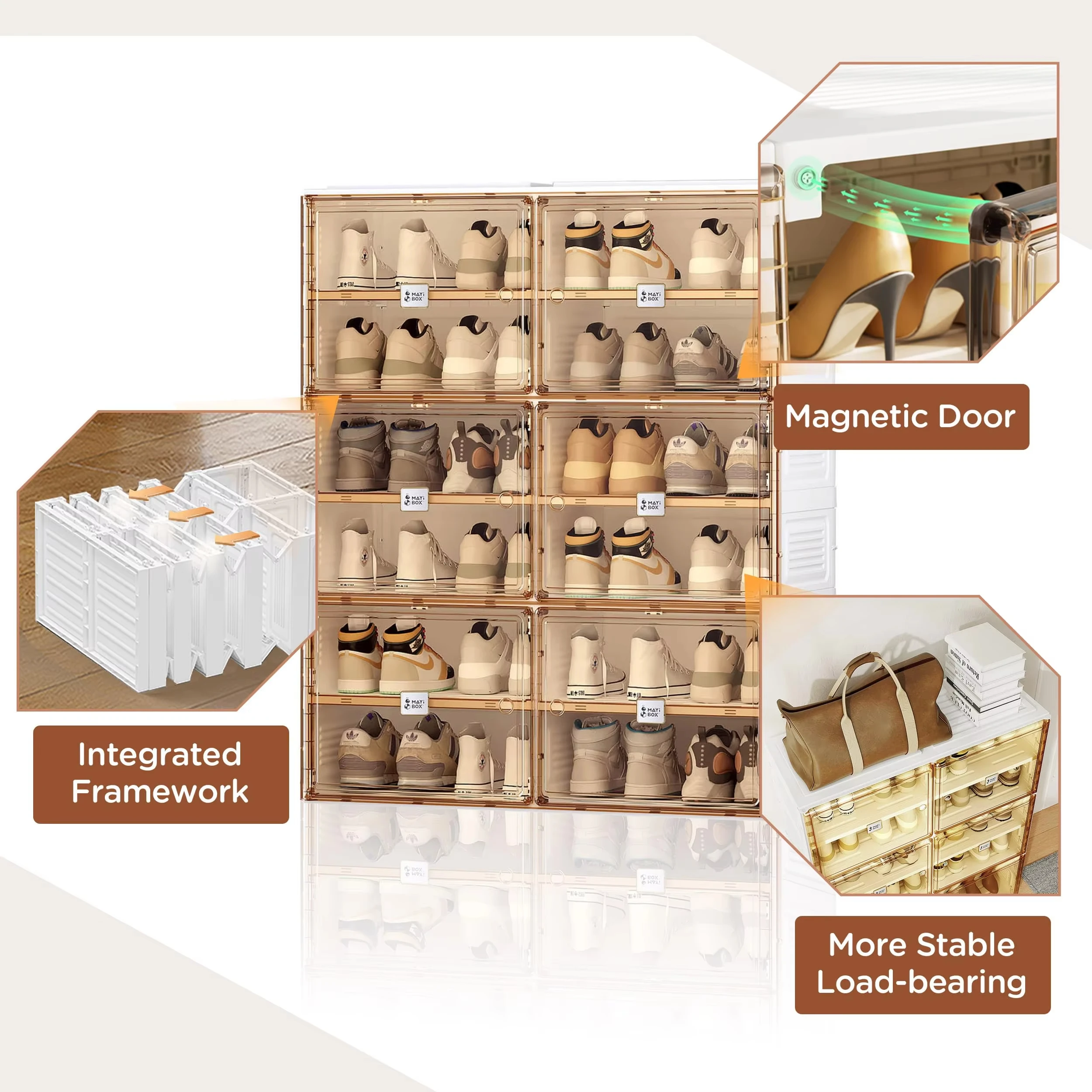 Foldable Shoe Rack Organizer for Closet, collapsible shoe storage with Magnetic Clear Door Easy Assembly Shoe Cabinet Bins with