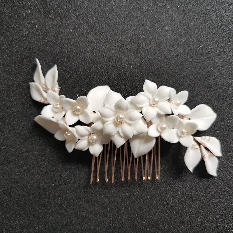 SLBRIDAL Handmade Rhinestones Pearls Ceramic Flower Leaf Bridal Hair Comb Wedding Headpieces Hair accessories Women Jewelry