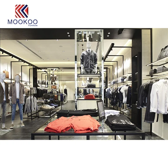 Boutique Equipment Wall Mounted Clothes Hanger Rack Display Shelves For Men Clothing Modern Menswear Store Interior Design