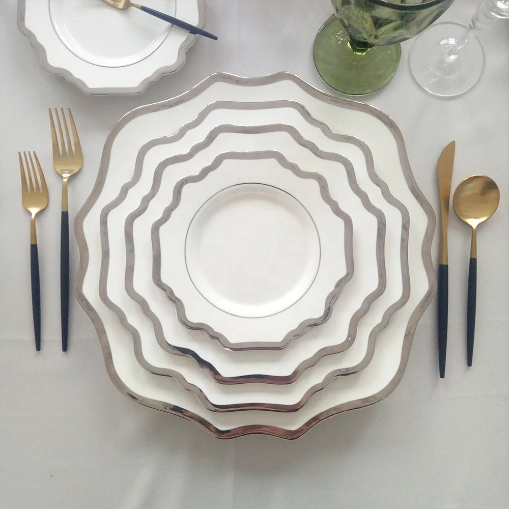 Wholesale Cheap Tableware Wedding Ceramic Plate Set Silver Porcelain Dinnerware Set