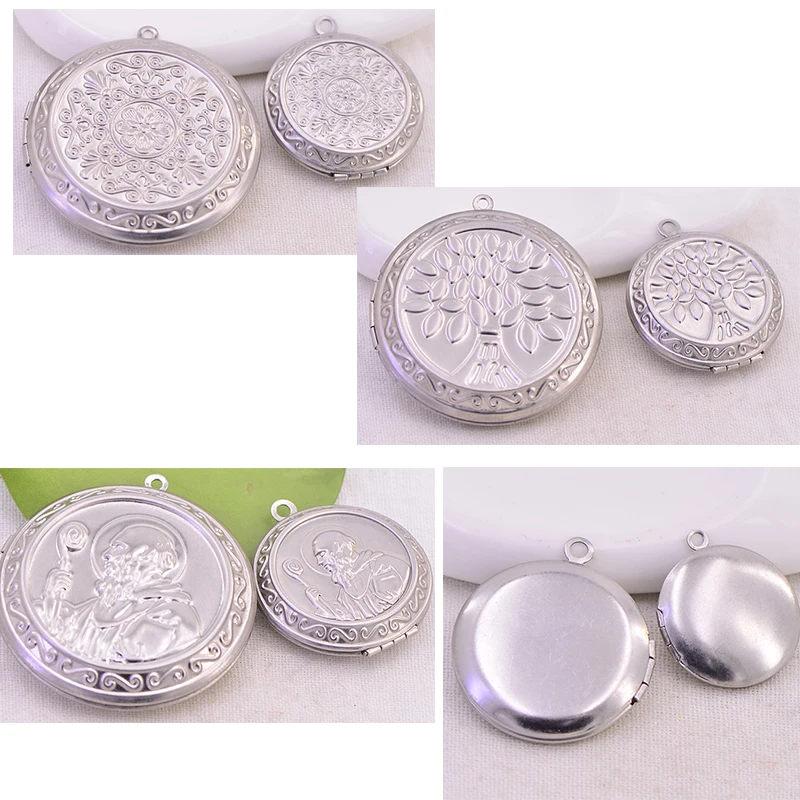 flower pattern 316 Stainless Steel circle Shaped Box Open Photo Locket Pendant for Necklace jewelry accessory