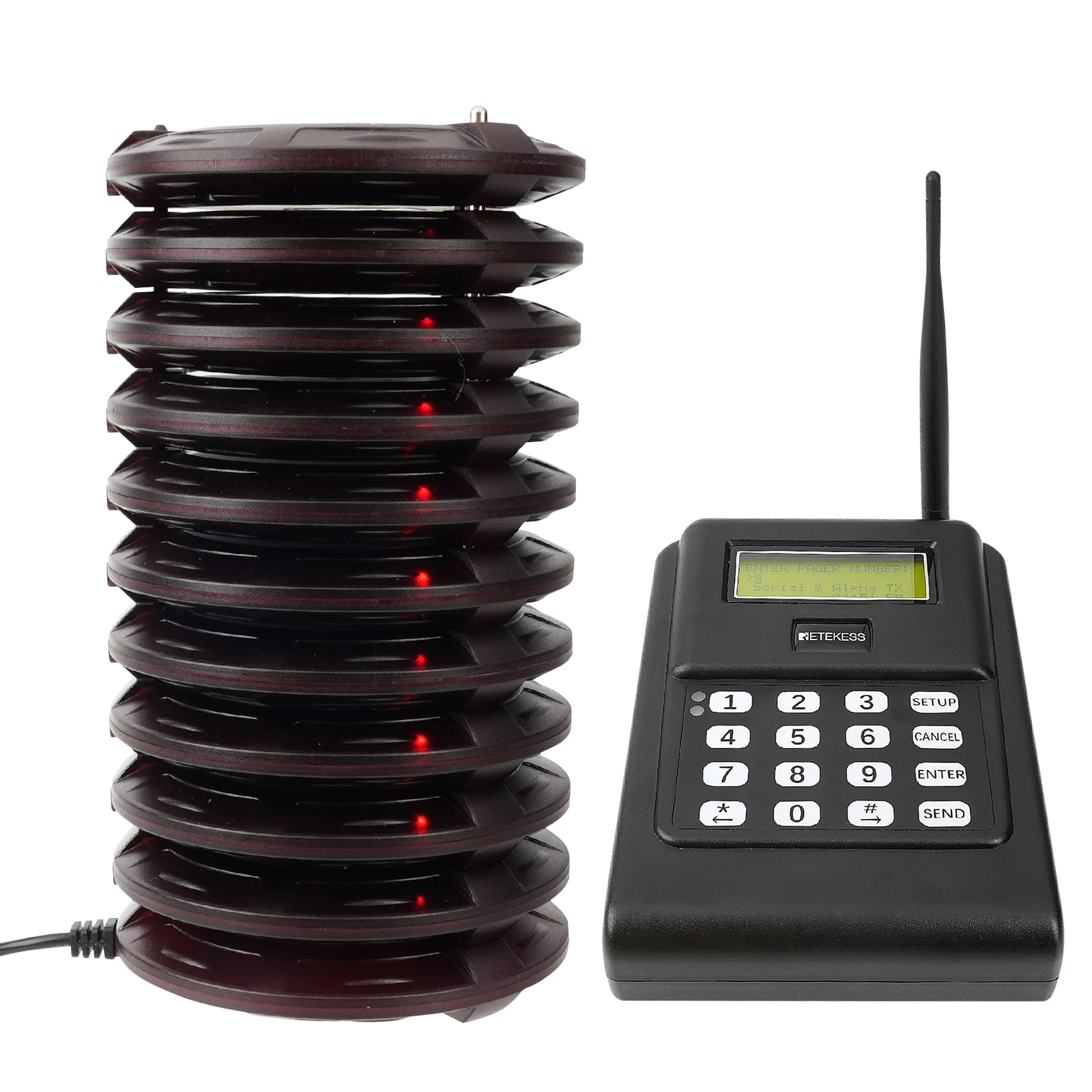 Long up to 5 km distance Wireless Smart Alphanumeric Coaster Pager System for Manufacturing & Warehouses Retekess TD166