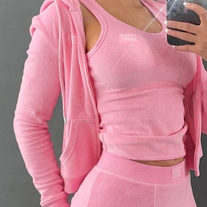 Custom Autumn 2022 New Streetwear Bodysuit Tracksuits Pink Terry Toweling Vest Short Sweatshirt Pants 4 Two Piece Set For Women