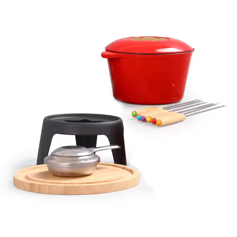 Forks and Chrome Gel Burner Cheese Melting Pot  Enameled Cast Iron Fondue Pot Cookware Chocolate and Cheese Fondue Set