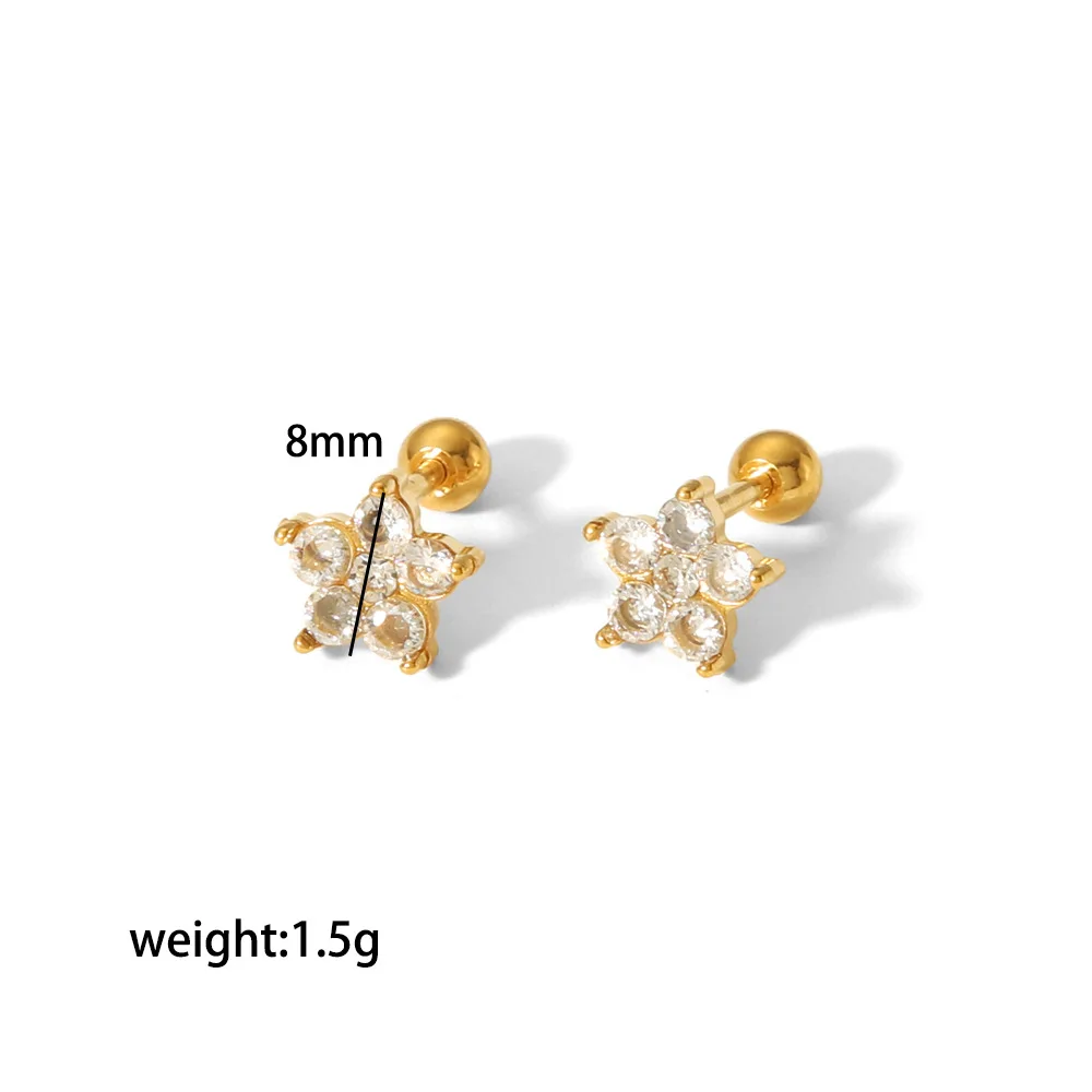 Trendy Unique 18k Gold Plated Stainless Steel Stackable Diamond CZ Piercing Screw Back Stud Earrings for Women Girls