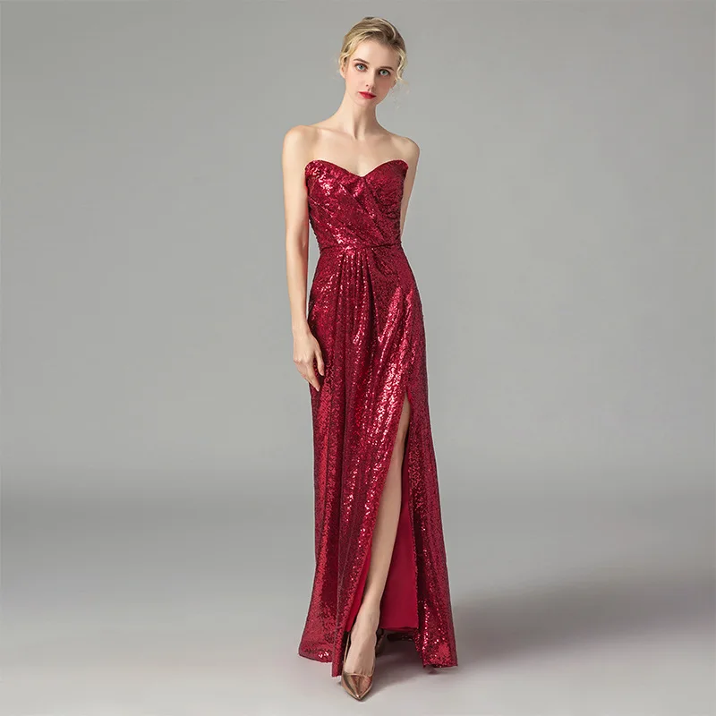 Hot Selling Red Sexy Slit Sequin Slim Banquet Long Bridal Wedding Ball Gown Evening Dress
