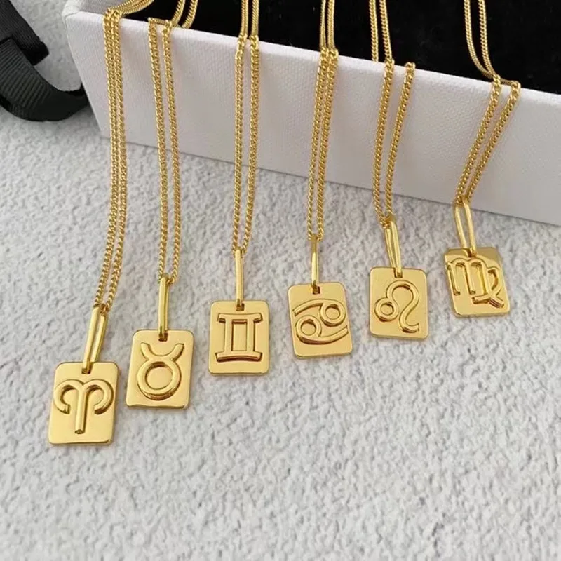 Простое трехмерное ожерелье из нержавеющей стали с подвеской в виде квадратной карты с 12 знаками Зодиака