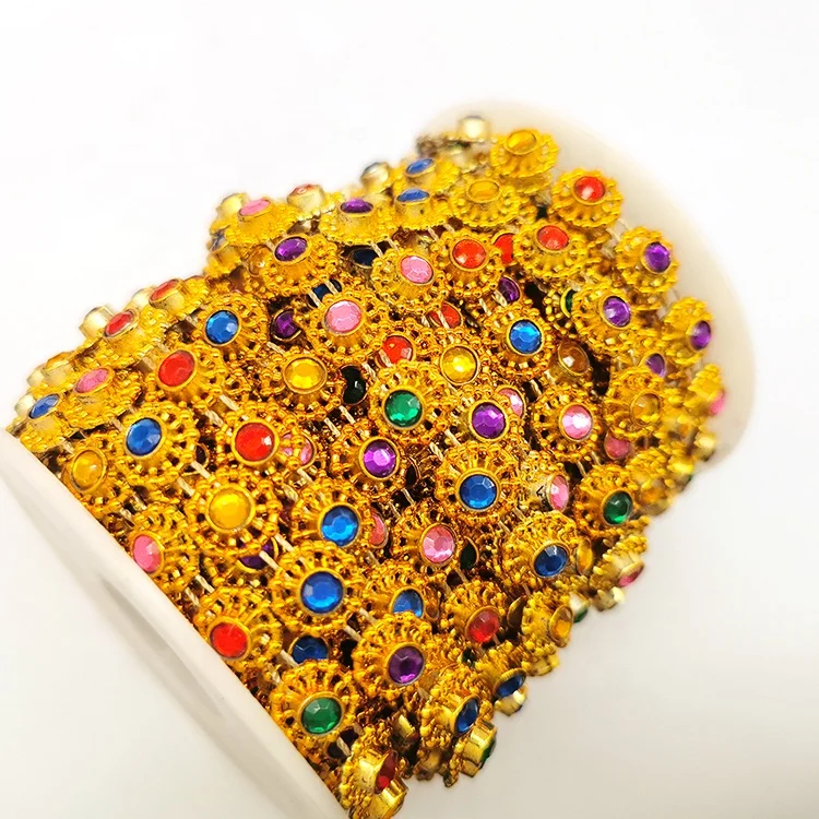 wholesale multicolor flower shape crystal rhinestone fashion gold cup chain roll for women garment decor