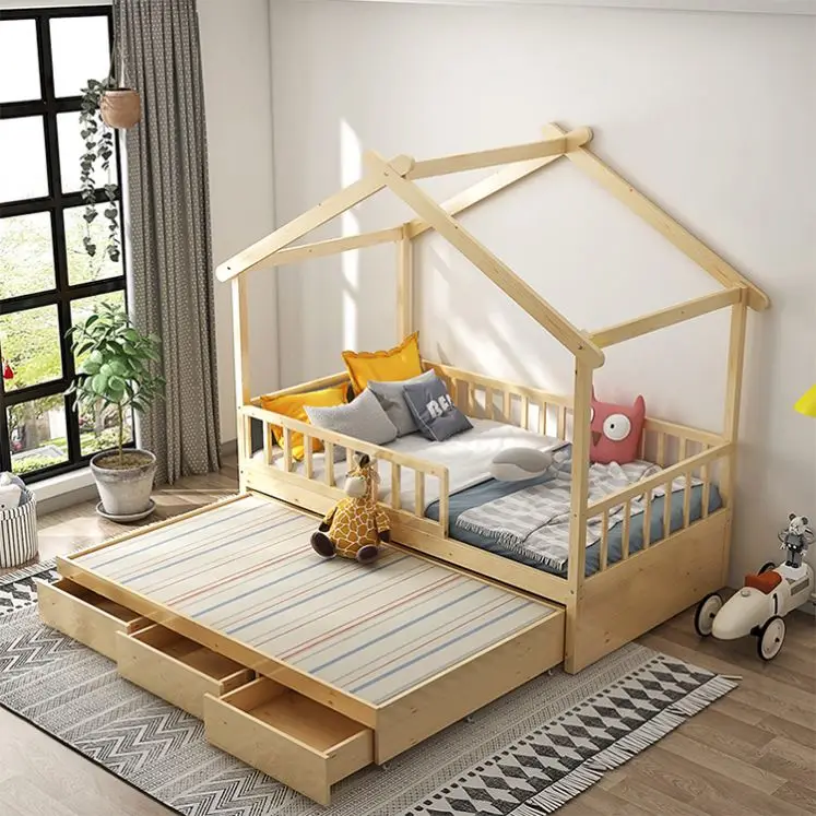 Twin size house-shaped platform wooden frame kids bunk bed pine wood house double bed for kids