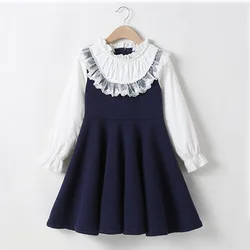 Autumn New Girls School Clothing Dress Baby Casual Dress Kids  Blue White Patchwork Clothes Children Long Sleeve lace Dress