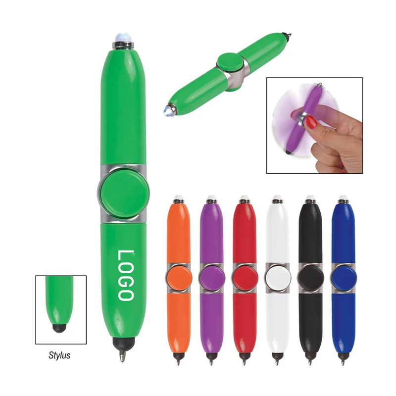 Creative mini plastic finger fidget spinner pen flash light stylus touch ballpoint pen multifunction decompression pen