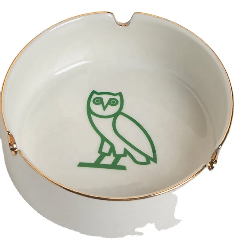 Owl pattern white round shape cigarette ashtrays ceramic ashtray custom logo