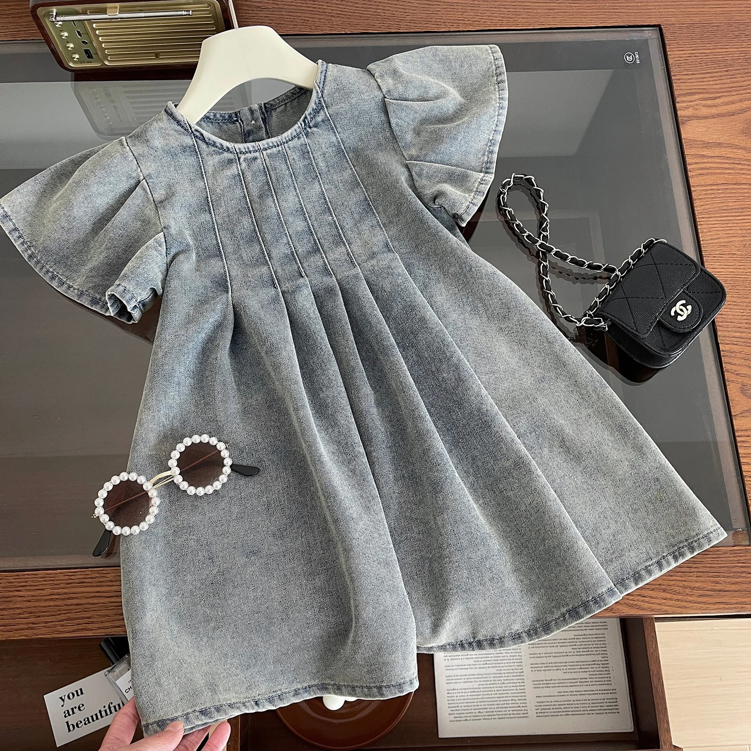 Girls Baby Denim Dresses 2024 Fashion Kid Girl Solid Costumes Kids Sweet Vestidos Children Ruched Clothing 3-7 Years