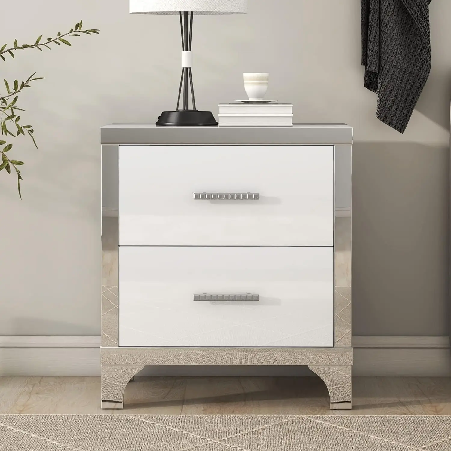 Modern Bedroom End Table Sofa Side Table Elegant High Gloss White Nightstand Mirrored 2 Drawer Bedside Table