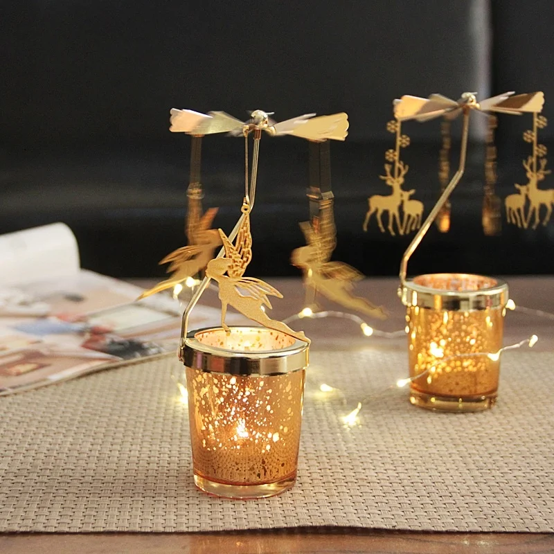 Family Holiday Sliver Wrought Iron Christmas Romantic Wedding and Table Decoration Heat Wind Rotating Tealight Candle holder