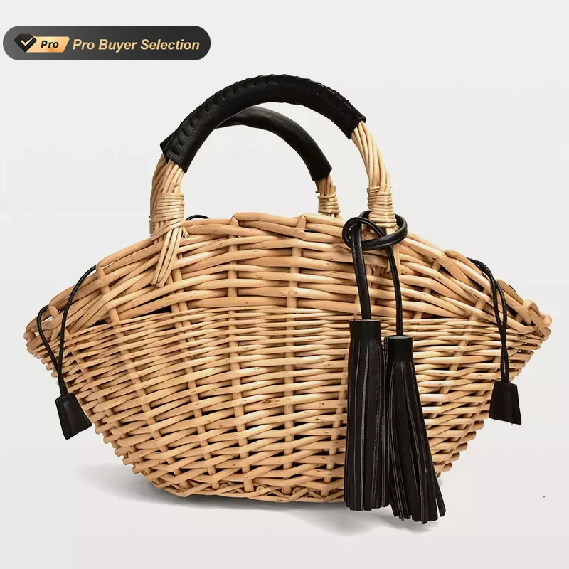 KALANTA Vintage Women Wicker Handmade Straw Bag Ladies Tassel Shopping Basket Bag Straw Rattan Bag Brown Khaki Handbag  Ladies