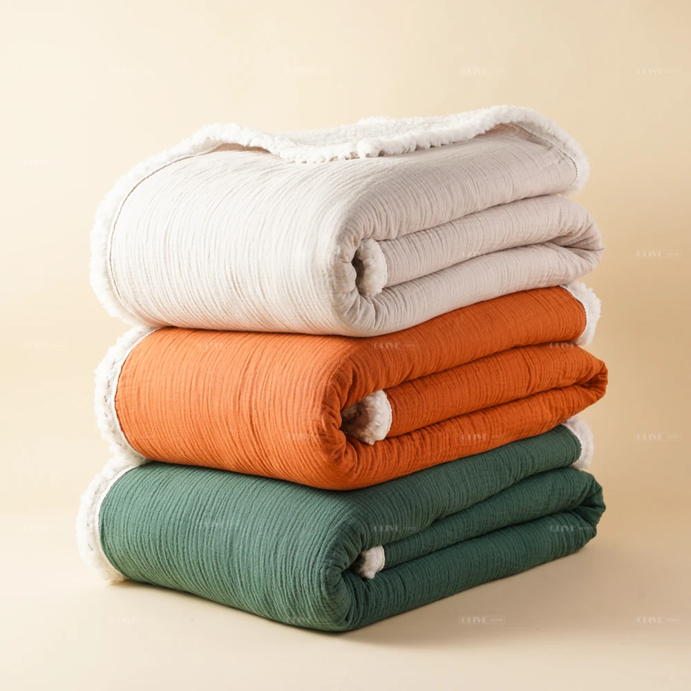 Muslin Gauze Bed Throw Blanket Pure Cotton Custom Size and Custom Colored Soft Knitted Blanket Throw with Sherpa