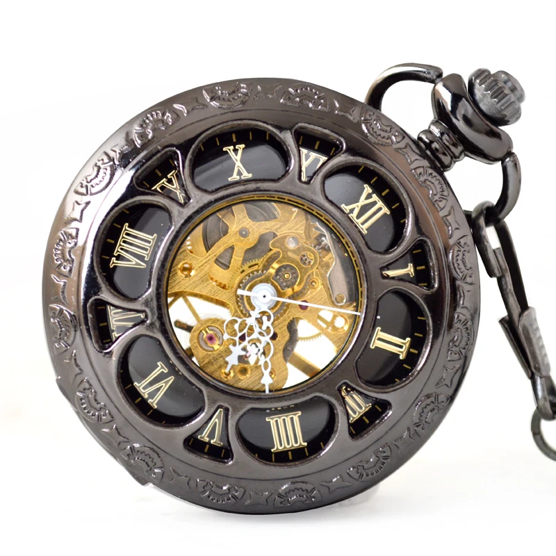 
black sublimation skeleton pocket watch mechanical 