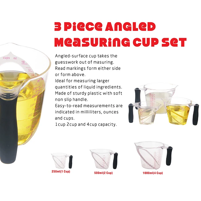 3 piece angled-surface easy-read measurement cplastic measuring cup set