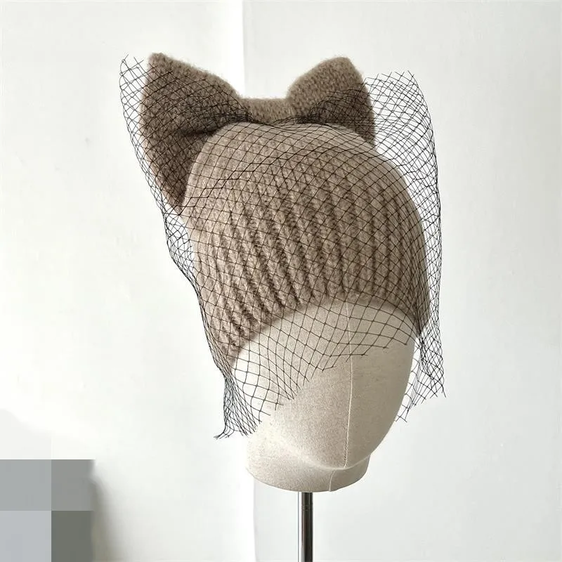 hot sell new fashion womans beanie winter hats Chunky Stretch Knitted Beanie Hat Skull Thick Ski hat with bowknot & mesh veil