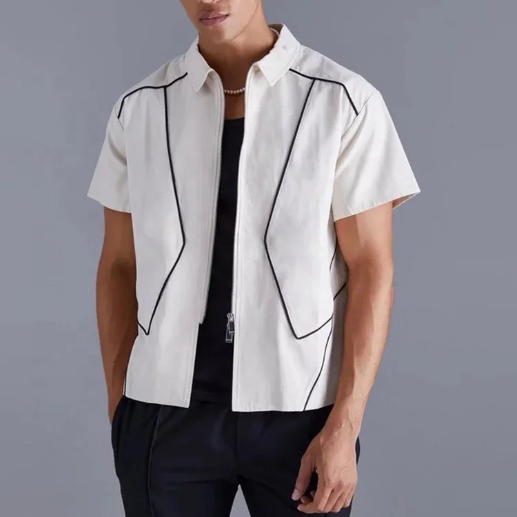 Manufacturer custom design boxy piped oversized jersey shirt 100% cotton full zip up shirt for men