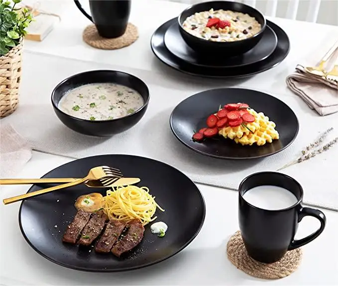 Soho Stoneware Square Dinner Set Black 16 Piece Kitchen Dinnerware Service Plate Crockery Set with 16 Pieces
