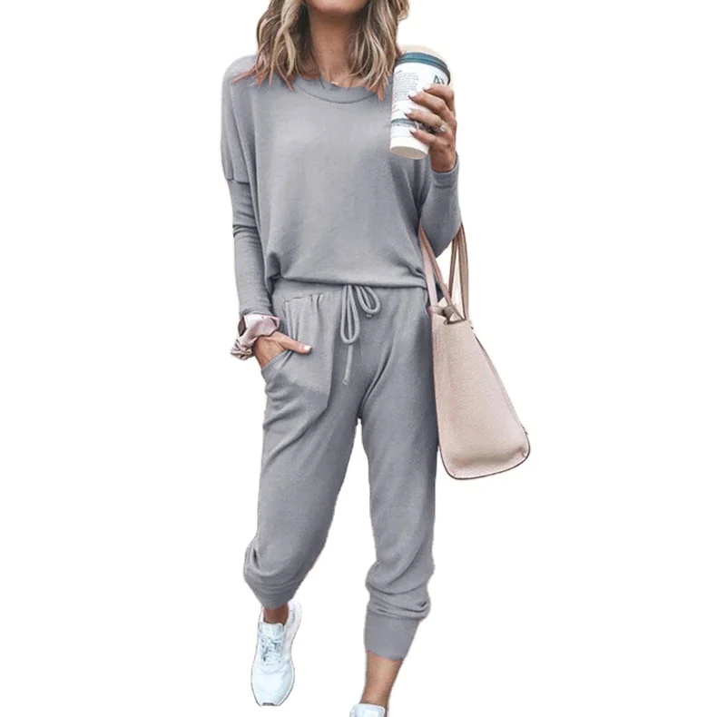 fall 2021 women clothes two piece set hot models solid color long-sleeved tops casual two-piece suit