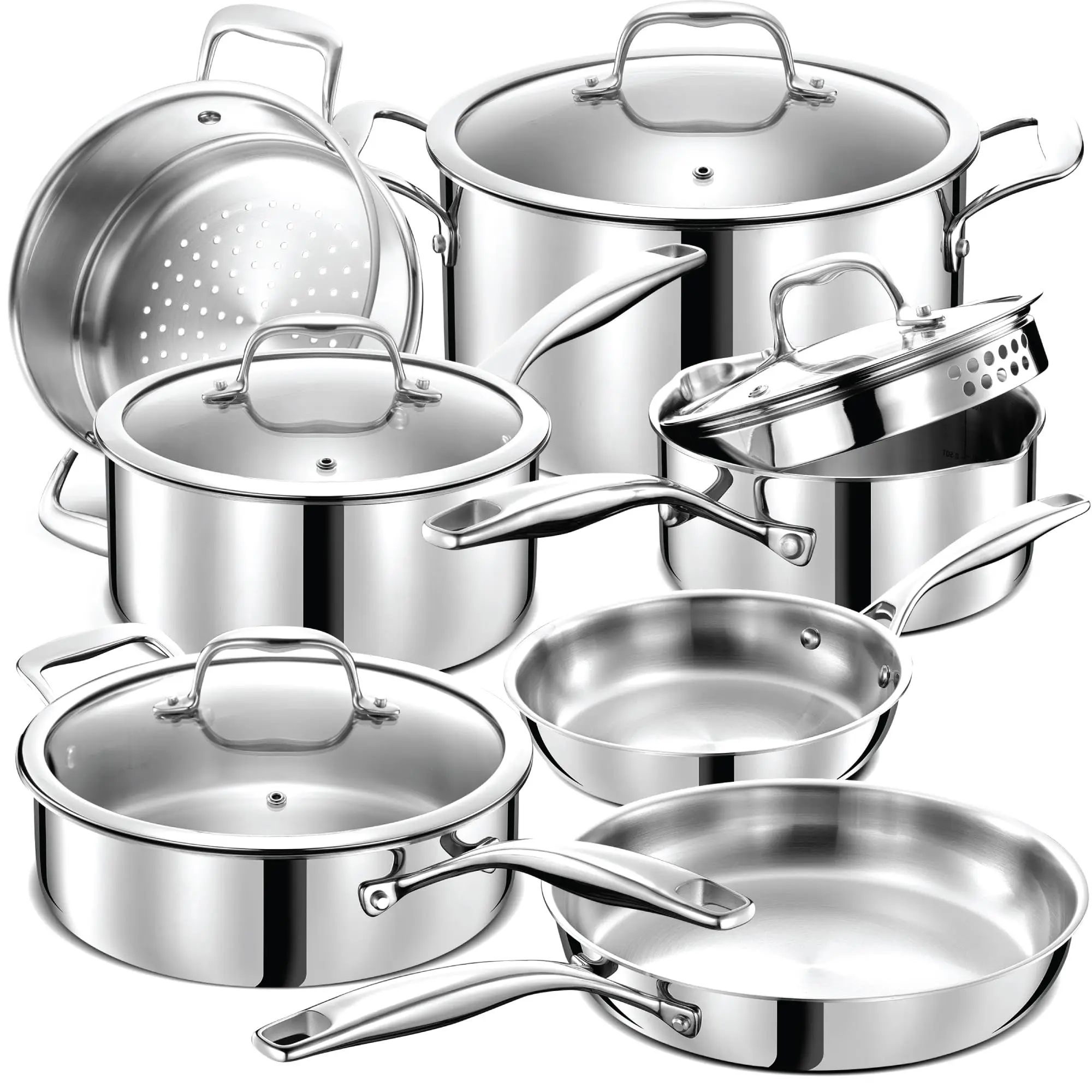 Professional Non Stick 3 Ply 11 pc Stainless Steel Pots & Pans Set w/Glass Lids Induction Non-Teflon PFOA PTFE & PFOS Free