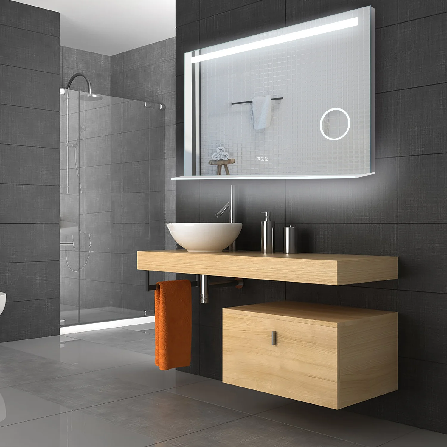 Modern design bathroom decorative led illuminatived manigfying make up mirror with shelf