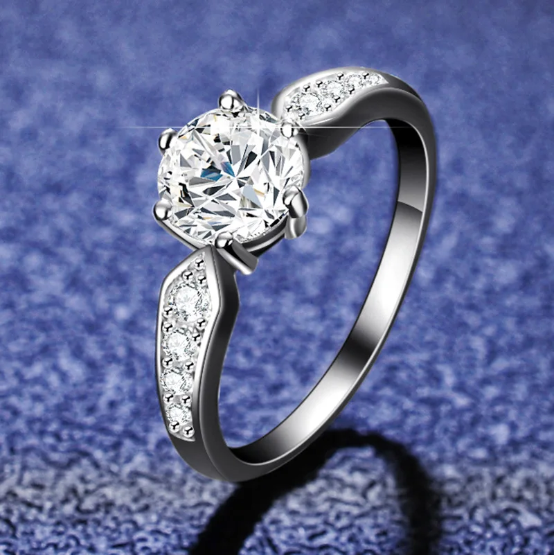 Factory Wholesale Six Prong D Color Moissanite Jewelry 1Carat 925 Sterling Silver Fine Jewelry Moissanite Diamond Ring for Women