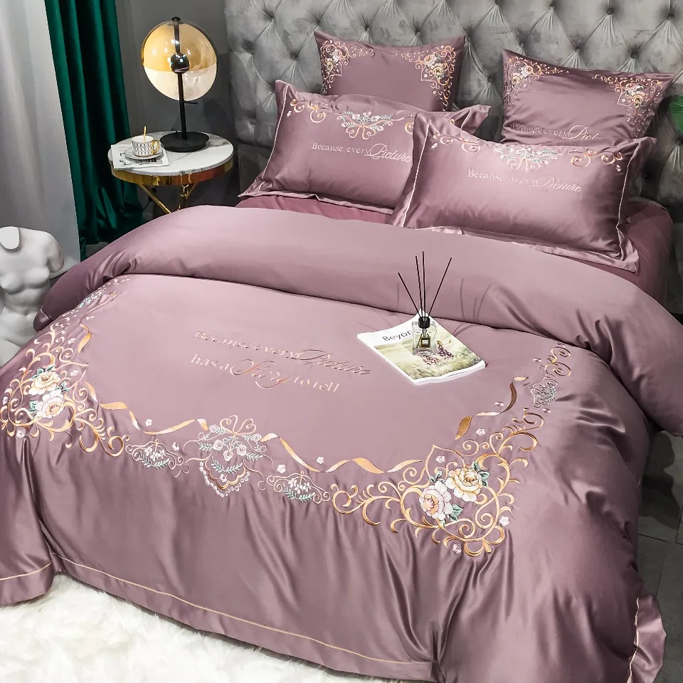 High-end Luxury European-style Pure Cotton Silk Embroidered Cotton Bedsheet Comforter Cover Bed Skirt 4pcs Bedding Set