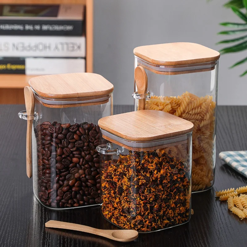 Squared Transparent Glass Food Storage Jar With Bamboo Lid Tea Coffee Beans Container Snack Nuts Sealed Box Kitchen Organizer