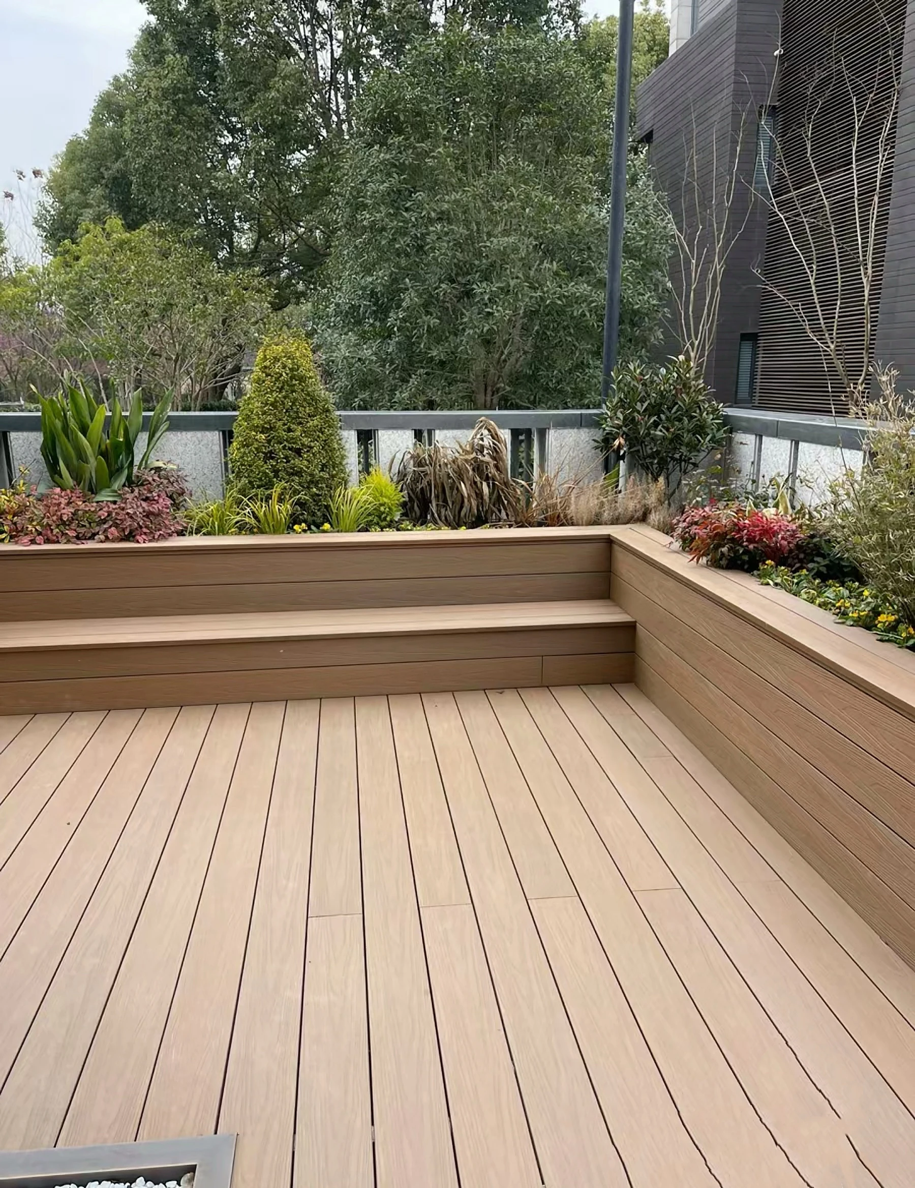 Outdoor wood-plastic composite 3D embossed flooring to decorate the garden floor