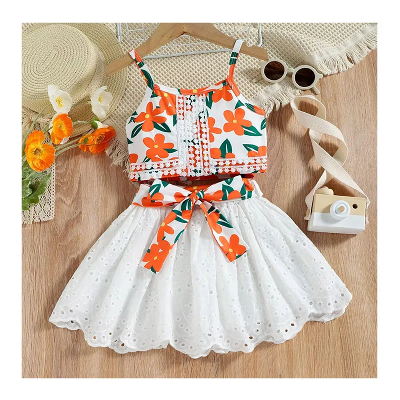 Комплекты одежды для девочек 2-7 лет, симпатичный стиль, кружевной топ с принтом, ажурная юбка, одежда для девочек, летняя детская одежда, 2024