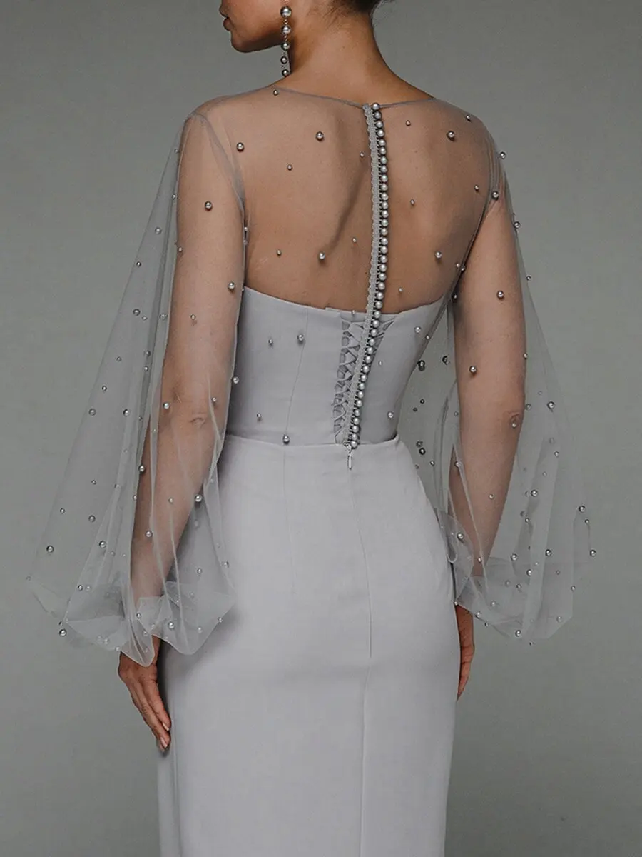 Droma 2022 new design fashion slim sexy strapless pearl buttock luxury modest bridal wedding dress with lace sleeves